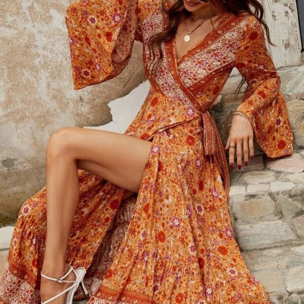 Floral Print Bell Sleeve Tie Front Wrap Dress
